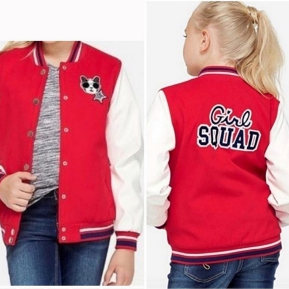 JUSTICE Girl Squad Letterman Red And White Jacket Size 16/18 - Picture 1 of 9